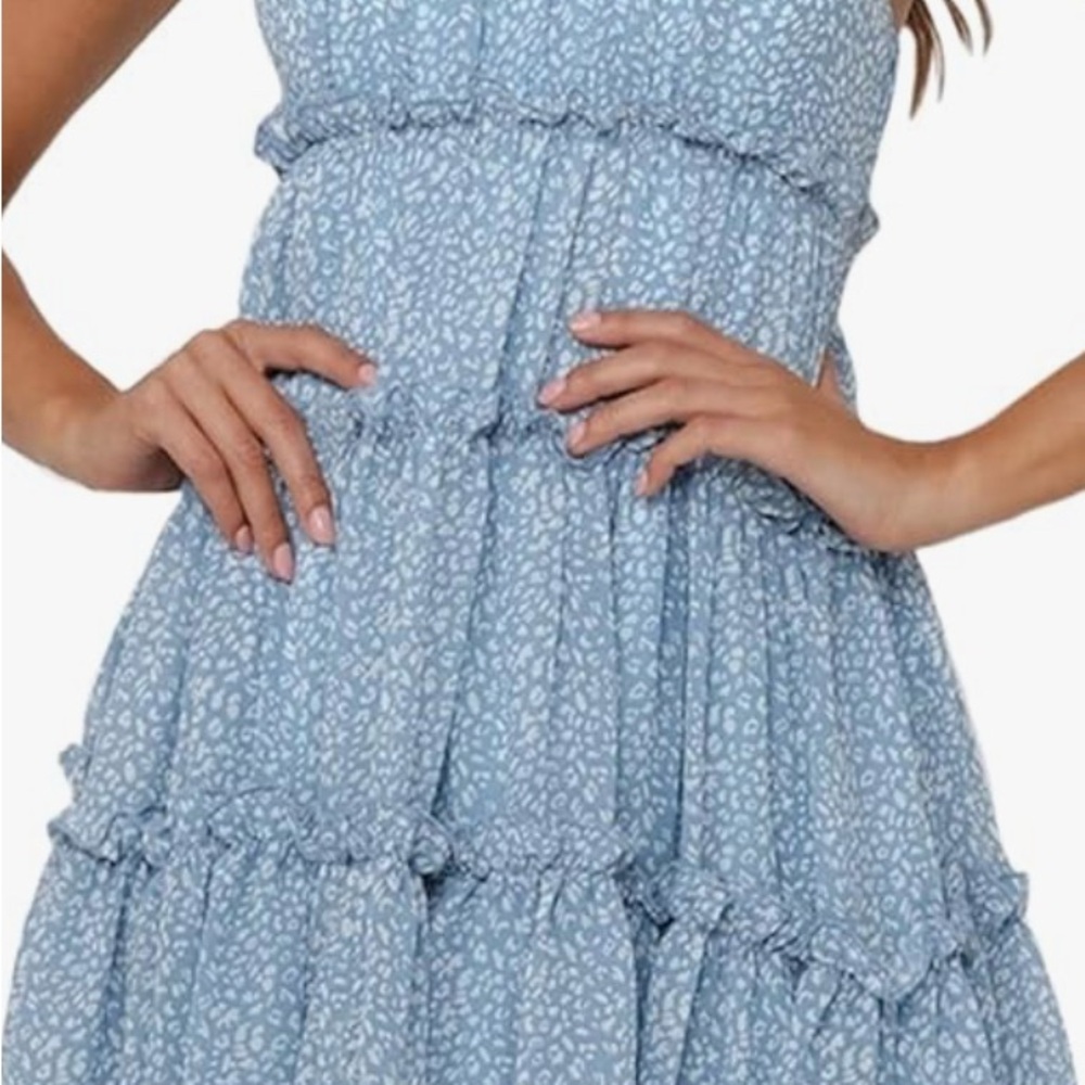 Blue Mini Dress with Ruffled Tiers and Scoop Neck